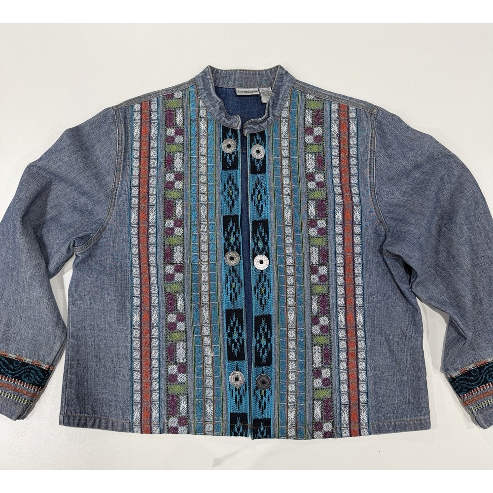 Y2K Chico's Jean Jacket Wearable Art Denim Size 2 L Wearable Art Southwest Boho